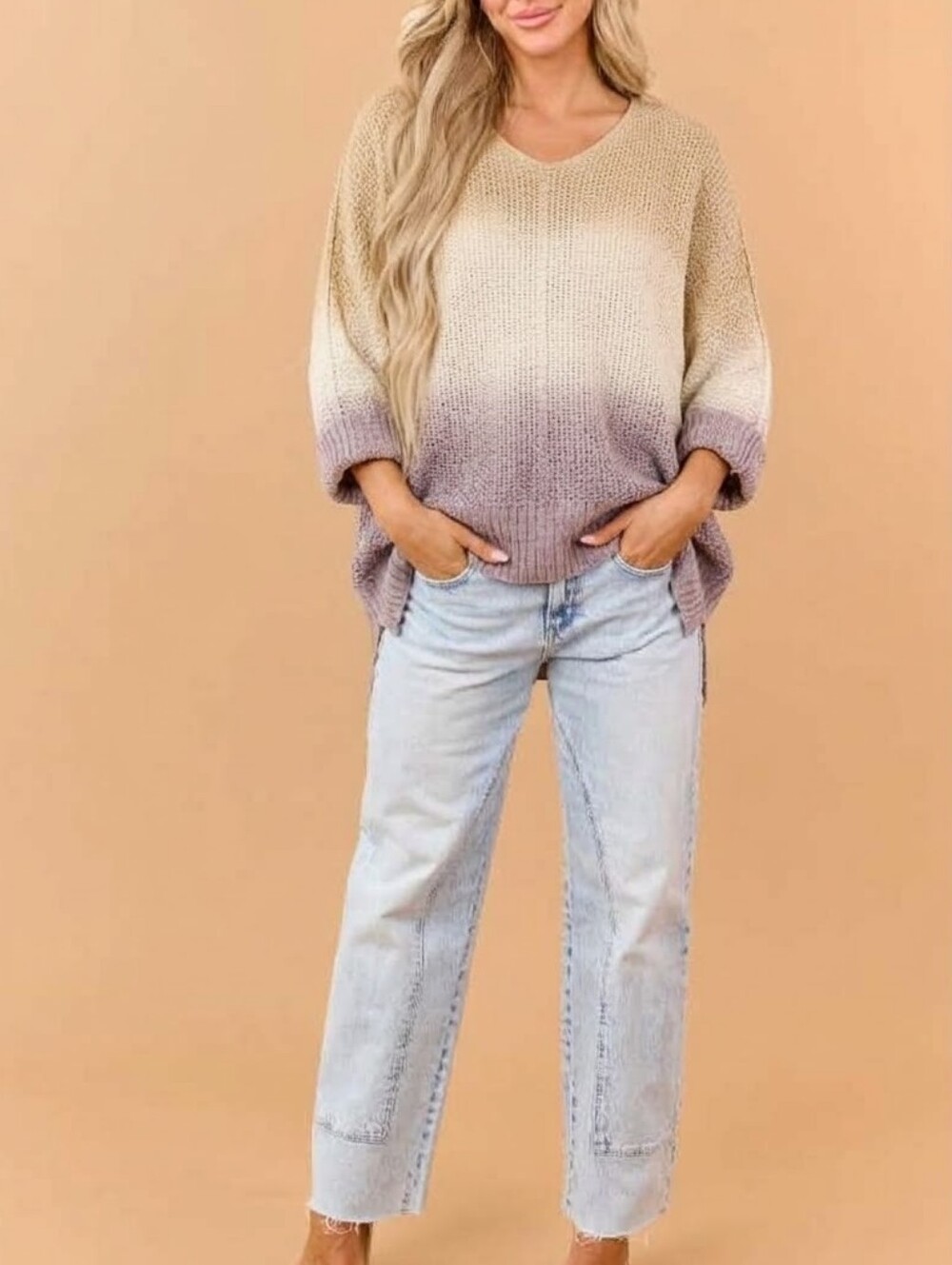 She + Sky Ombre Open Knit Sweater Top Boxy Oversized 3/4 Sleeve One Size S-XL